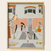A lady at her toilette listens to music by the side of a palace water casca Indian Miniature Painting Serving Tray
