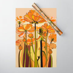 70s, Orange California poppies, mid century, 70s retro, flowers Wrapping Paper