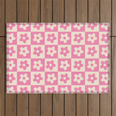 90s checkers flowers cream and pink Outdoor Rug