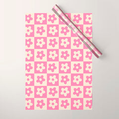 90s checkers flowers cream and pink Wrapping Paper