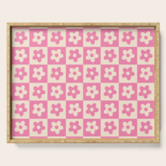 90s checkers flowers cream and pink Serving Tray