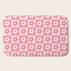 90s checkers flowers cream and pink Bath Mat