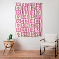 90s checkers flowers cream and pink Window Curtain