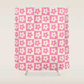90s checkers flowers cream and pink Shower Curtain