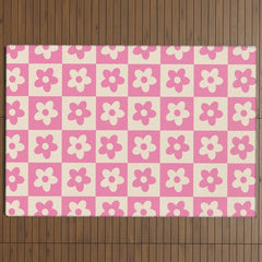 90s checkers flowers cream and pink Outdoor Rug