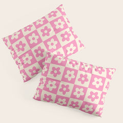 90s checkers flowers cream and pink Pillow Sham