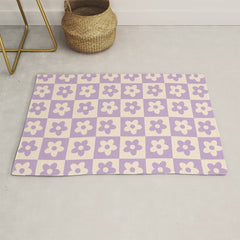 90s flowers checkers cream and lilac Rug