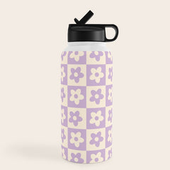 90s flowers checkers cream and lilac Water Bottle