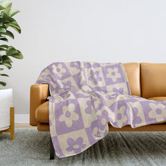 90s flowers checkers cream and lilac Throw Blanket