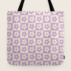 90s flowers checkers cream and lilac Tote Bag