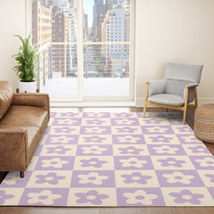 90s flowers checkers cream and lilac Rug