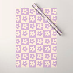 90s flowers checkers cream and lilac Wrapping Paper