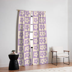 90s flowers checkers cream and lilac Window Curtain