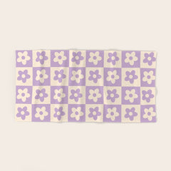90s flowers checkers cream and lilac Bath Towel