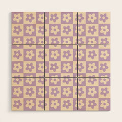 90s flowers checkers cream and lilac Wood Wall Art