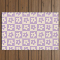 90s flowers checkers cream and lilac Outdoor Rug