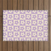 90s flowers checkers cream and lilac Outdoor Rug