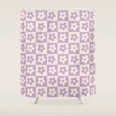 90s flowers checkers cream and lilac Shower Curtain