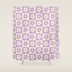 90s flowers checkers cream and lilac Shower Curtain