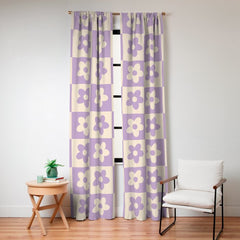 90s flowers checkers cream and lilac Window Curtain