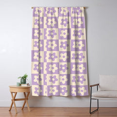90s flowers checkers cream and lilac Window Curtain
