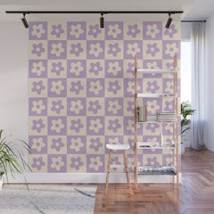 90s flowers checkers cream and lilac Wall Mural