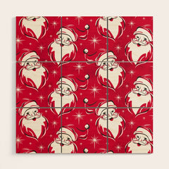 Tis The Season Retro Santa Red White Pattern Wood Wall Art