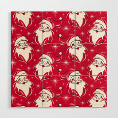 Tis The Season Retro Santa Red White Pattern Wood Wall Art