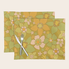 70s groovy retro floral pattern orange brown green handdrawn by surfy birdy Placemat