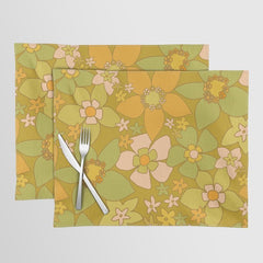70s groovy retro floral pattern orange brown green handdrawn by surfy birdy Placemat