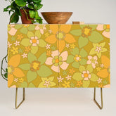 70s groovy retro floral pattern orange brown green handdrawn by surfy birdy Credenza
