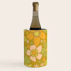 70s groovy retro floral pattern orange brown green handdrawn by surfy birdy Wine Chiller