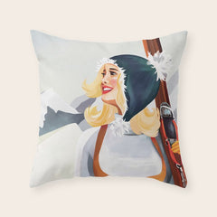 "Apres Ski Mammoth" Cool Vintage Pinup Girl Skiing Art Throw Pillow