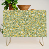 70s Daisies on Sage, retro, vintage, green, cottagecore Credenza