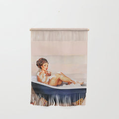 "Bathtub Whiskey" - Cute Vintage Brunette Pinup Girl Soaks & Enjoys A Cocktail. (V.2) Wall Hanging