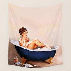 "Bathtub Whiskey" - Cute Vintage Brunette Pinup Girl Soaks & Enjoys A Cocktail. (V.2) Wall Tapestry