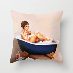 "Bathtub Whiskey" - Cute Vintage Brunette Pinup Girl Soaks & Enjoys A Cocktail. (V.2) Throw Pillow