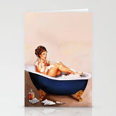 "Bathtub Whiskey" - Cute Vintage Brunette Pinup Girl Soaks & Enjoys A Cocktail. (V.2) Stationery Card