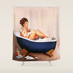 "Bathtub Whiskey" - Cute Vintage Brunette Pinup Girl Soaks & Enjoys A Cocktail. (V.2) Shower Curtain