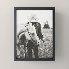 A Cowgirl & Her Horse - Black & White Photo Mini Art Print