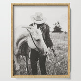 A Cowgirl & Her Horse - Black & White Photo Serving Tray