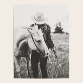 A Cowgirl & Her Horse - Black & White Photo Poster