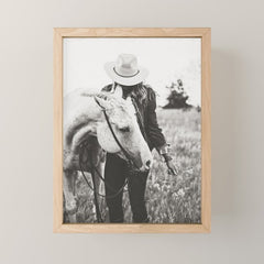 A Cowgirl & Her Horse - Black & White Photo Mini Art Print