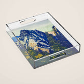 A Departure I - Mountain & Forest Nature Ukiyo Landscape in Blue, Green & Grey Acrylic Tray