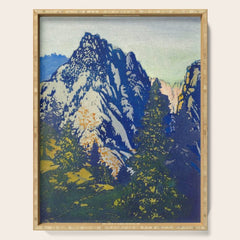 A Departure I - Mountain & Forest Nature Ukiyo Landscape in Blue, Green & Grey Serving Tray