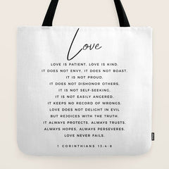 1 Corinthians 13 Love Is Patient Love Is Kind Love Never Fails Bible Verse Print Scripture Christian Tote Bag