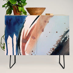 708 - a minimal mixed media abstract piece in blues, pinks, and white Credenza