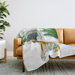 94 Tropical, Greece Architecture Buildings Tiger Wild Cat Watercolor Palm Travel Bohemian Painting Throw Blanket
