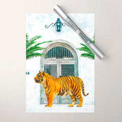 94 Tropical, Greece Architecture Buildings Tiger Wild Cat Watercolor Palm Travel Bohemian Painting Wrapping Paper