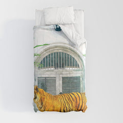 94 Tropical, Greece Architecture Buildings Tiger Wild Cat Watercolor Palm Travel Bohemian Painting Comforter